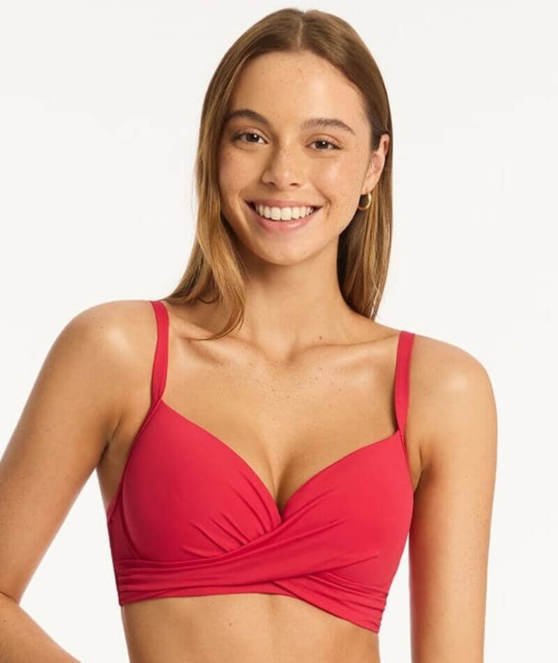Sea Level Eco Essentials Cross Front Moulded Underwire D-DD Cup Bikini Top - Red Swim