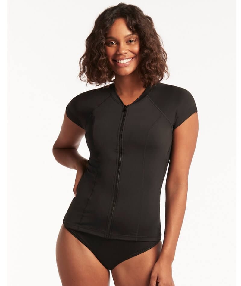 Sea Level Eco Essentials Short Sleeved Rash Vest - Full Zipper - Black Swim