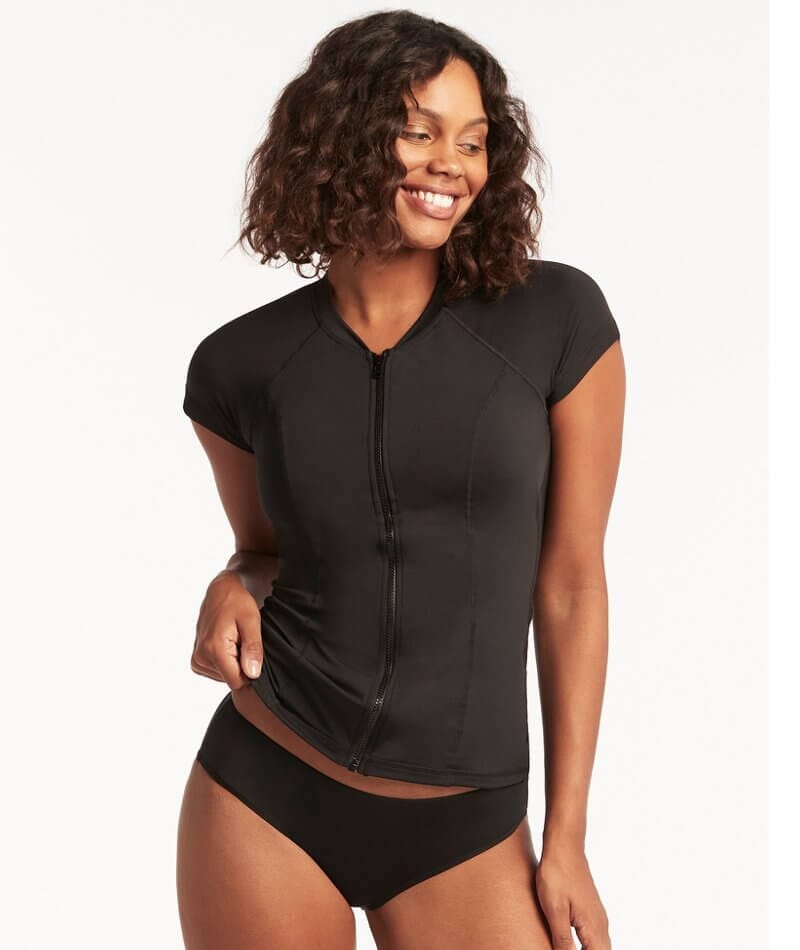 Sea Level Eco Essentials Short Sleeved Rash Vest - Full Zipper - Black Swim