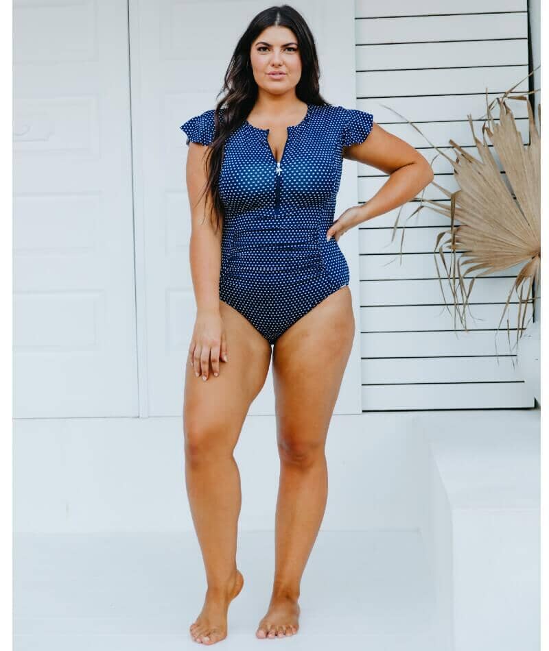 Capriosca Frill Sleeve One Piece Swimsuit - Navy & White Dots