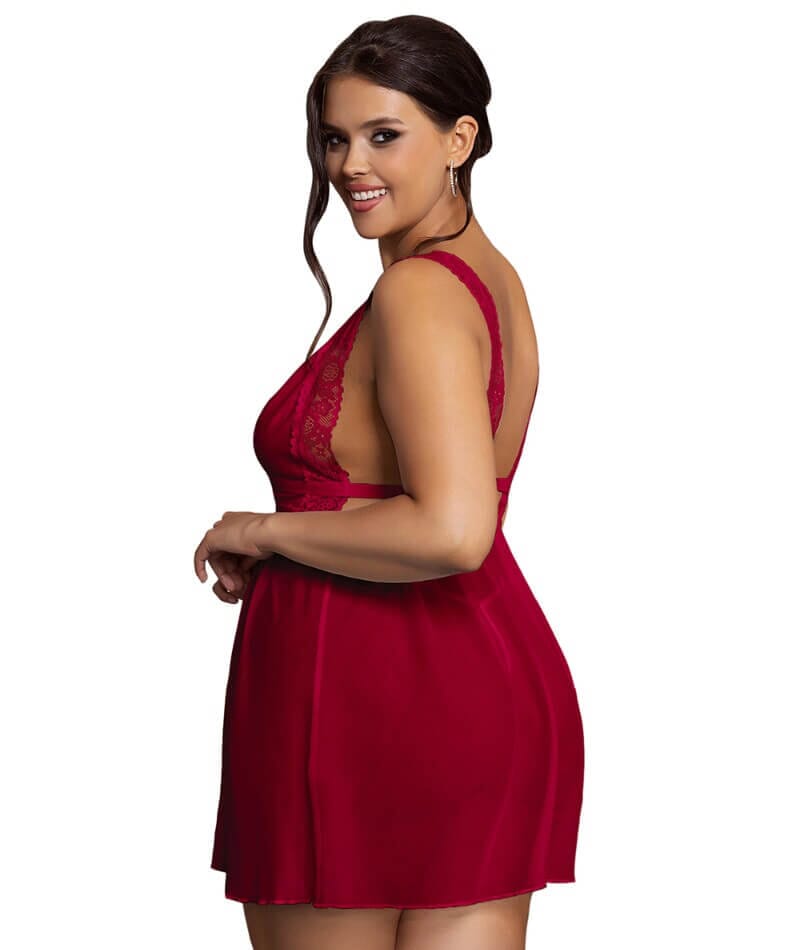 Curvy Deep V-neck Mesh Babydoll - Burgundy Babydoll / Chemise