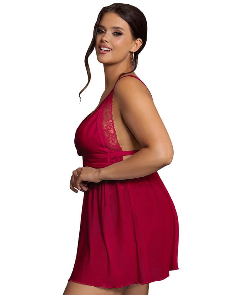 Curvy Deep V-neck Mesh Babydoll - Burgundy Babydoll / Chemise