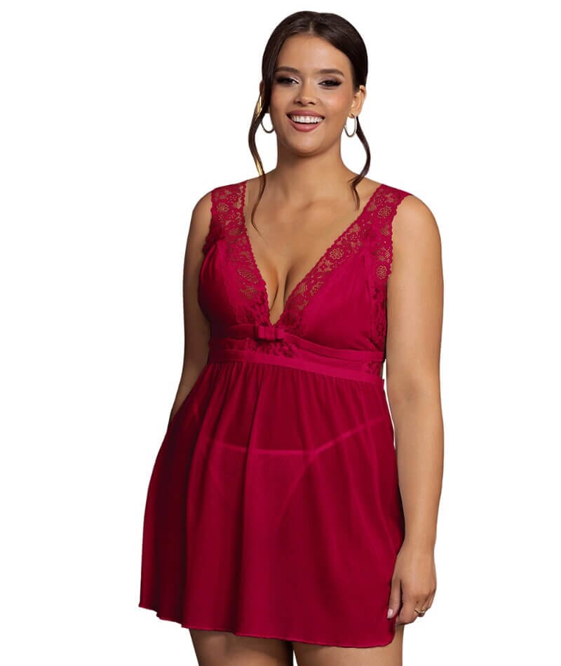 Curvy Deep V-neck Mesh Babydoll - Burgundy Babydoll / Chemise