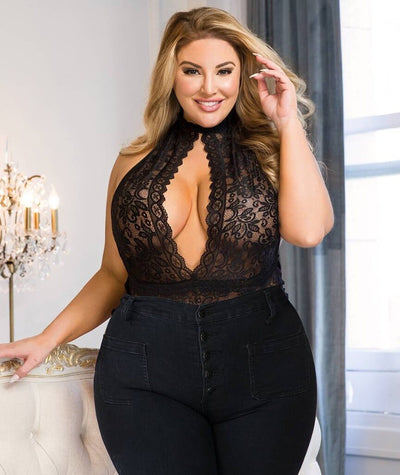 Curvy Exquisite Lace Open Cup Teddy - Black