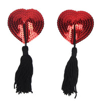 Curvy Heart Sequin with Tassel Nipple Covers - Red/Black