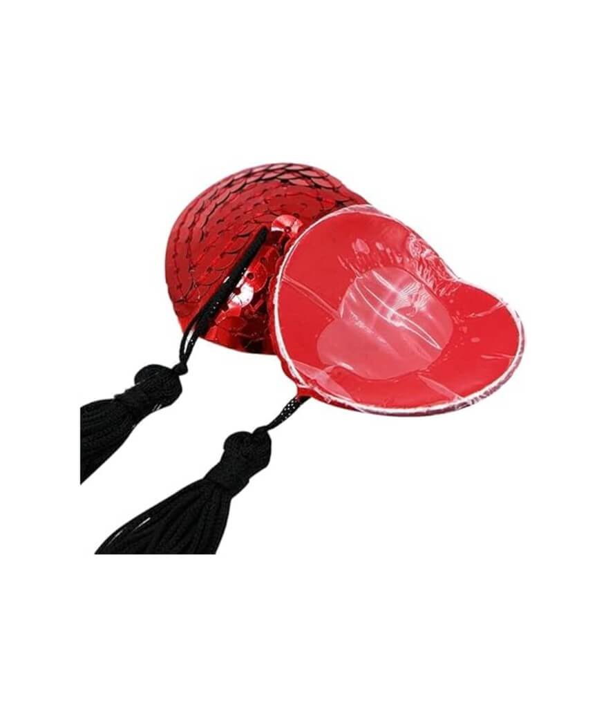 Curvy Heart Sequin with Tassel Nipple Covers - Red/Black