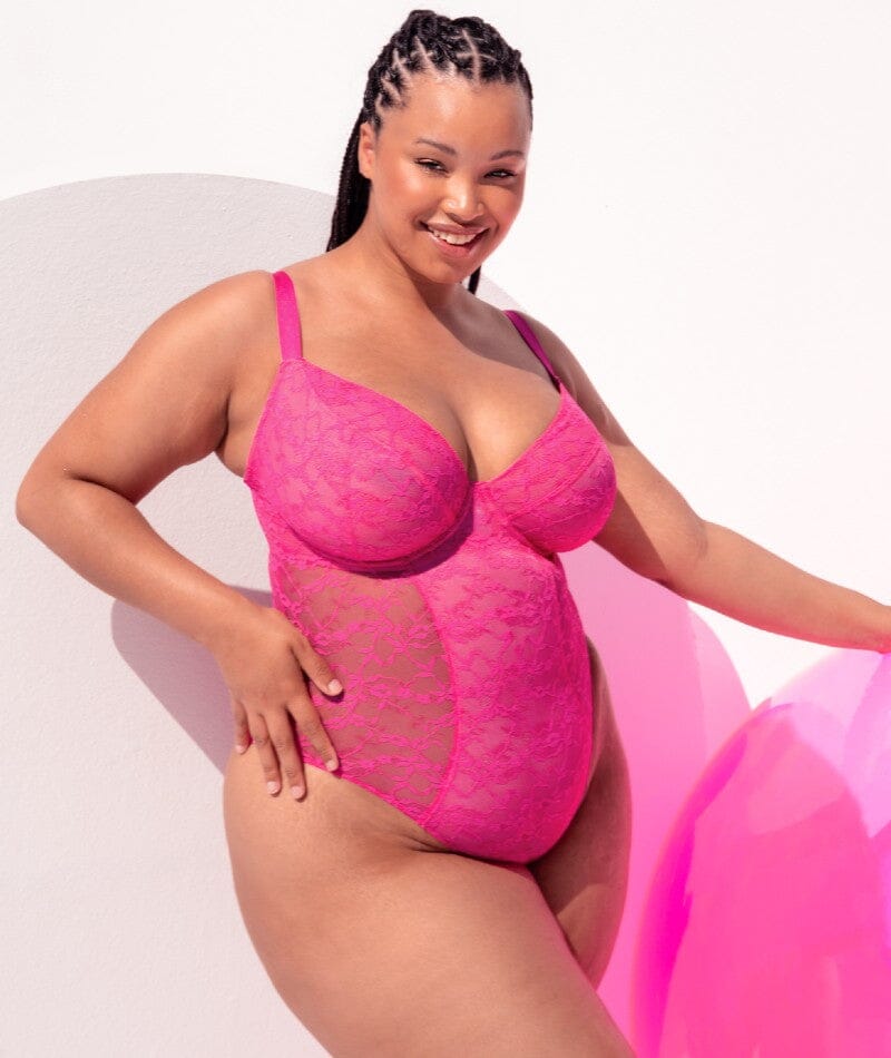 Curvy Kate All Night Lace Plunge Bodysuit - Hot Pink/Blush Bodysuits & Basques