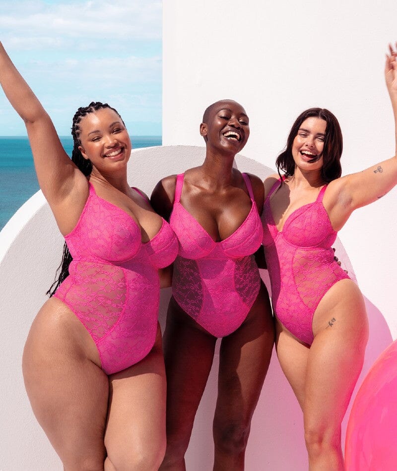 Curvy Kate All Night Lace Plunge Bodysuit - Hot Pink/Blush Bodysuits & Basques