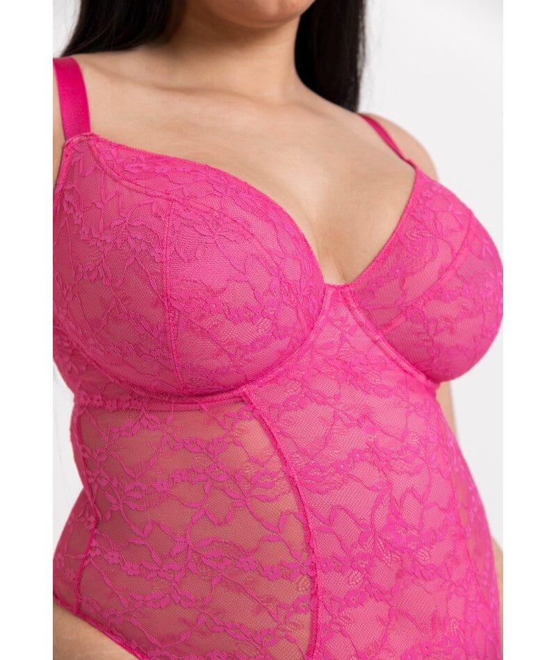 Curvy Kate All Night Lace Plunge Bodysuit - Hot Pink/Blush Bodysuits & Basques