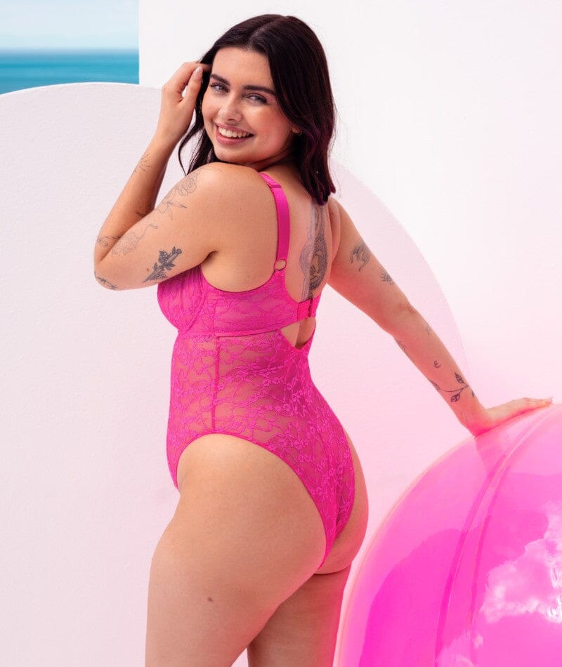 Curvy Kate All Night Lace Plunge Bodysuit - Hot Pink/Blush Bodysuits & Basques