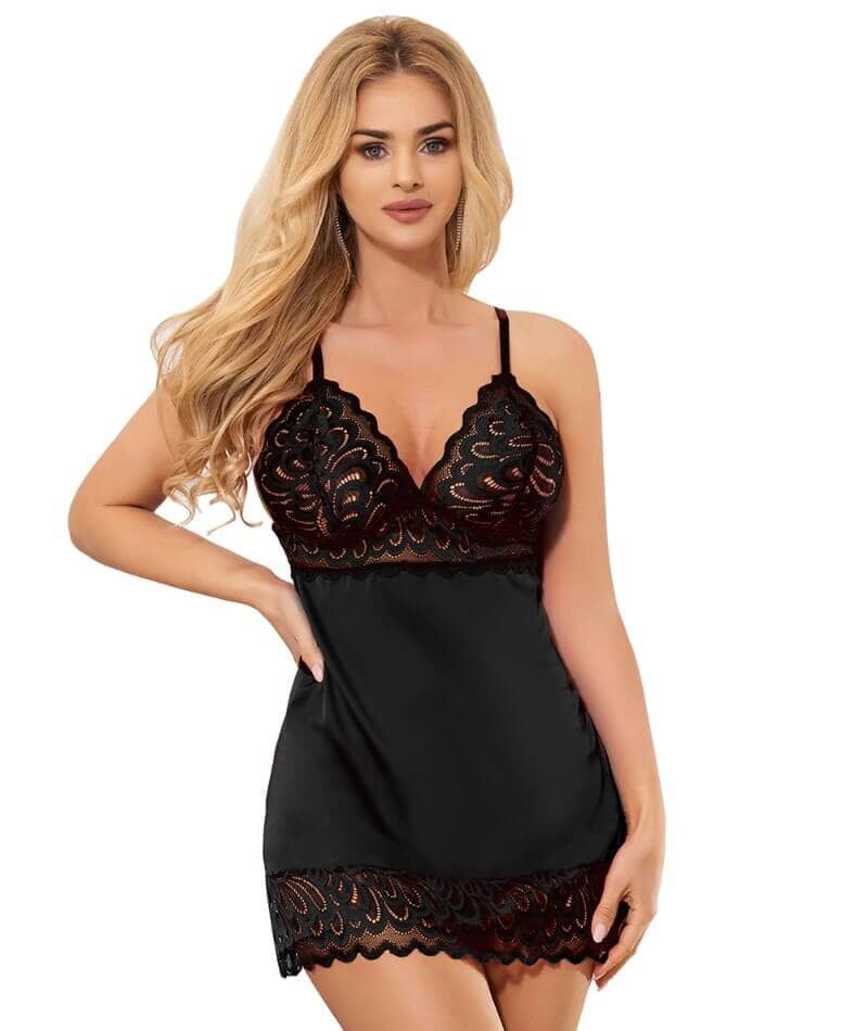 Curvy Lace Floral Babydoll - Black