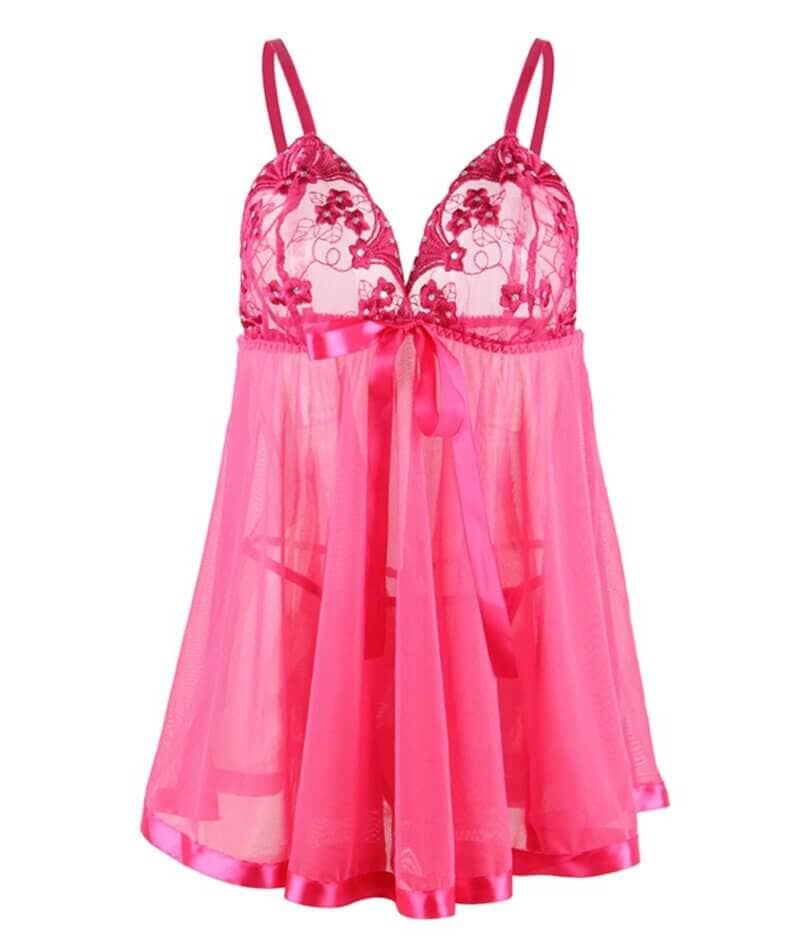 Curvy Mesh & Lace Cup Babydoll Nightdress with G-String - Pink - Curvy Bras Curvy Mesh & Lace Cup Babydoll Nightdress with G-String - Pink - Curvy Bras