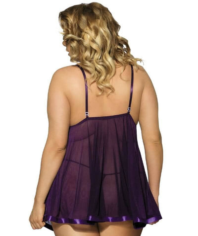 Curvy Mesh & Lace Cup Babydoll Nightdress with G-String - Purple Babydoll / Chemise