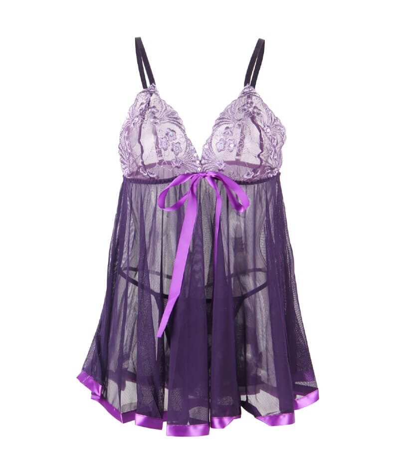 Curvy Mesh & Lace Cup Babydoll Nightdress with G-String - Purple Babydoll / Chemise