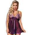 Curvy Mesh & Lace Cup Babydoll Nightdress with G-String - Purple Babydoll / Chemise