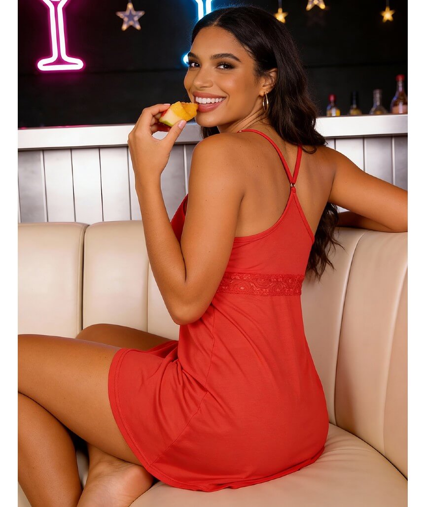 Curvy Modal Lace Deep V-Neck Suspender Nightdress - Red