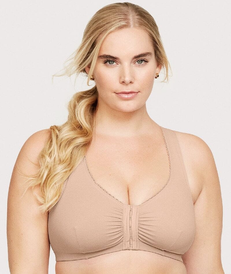 Glamorise Front-Closure Cotton T-Back Wire-free Comfort Bra - Cafe