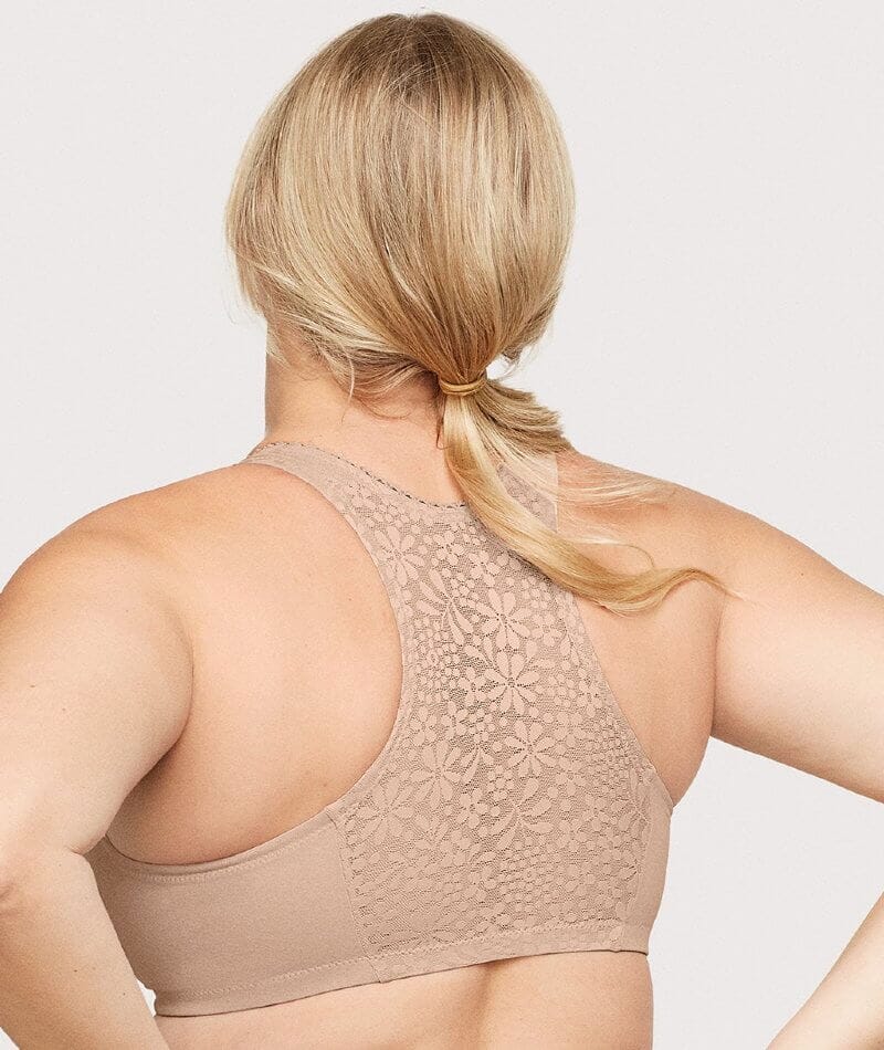 Glamorise Front-Closure Cotton T-Back Wire-free Comfort Bra - Cafe