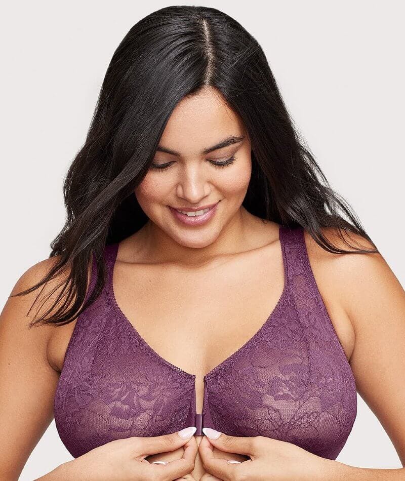Glamorise Lacey T-Back Front-Closure WonderWire Bra - Plum Bras
