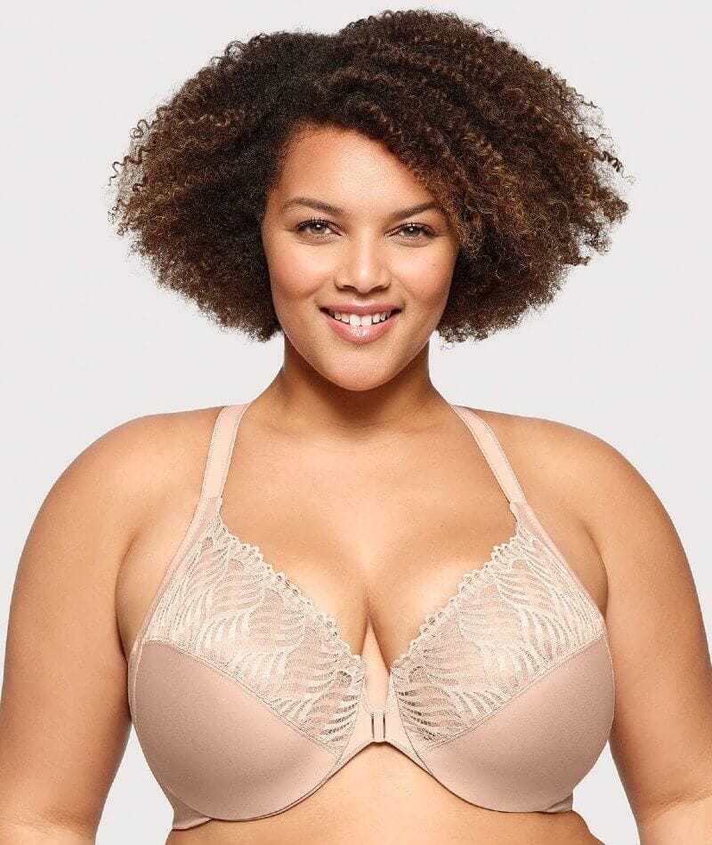 Glamorise Front-Closure T-Back WonderWire Bra - Cafe - Curvy Bras