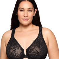 Glamorise Lacey T-Back Front-Closure WonderWire Bra - Solid Black