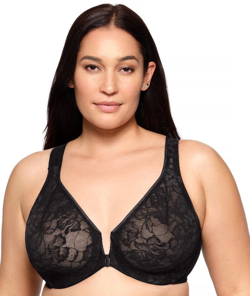 Glamorise Lacey T-Back Front-Closure WonderWire Bra - Solid Black Bras