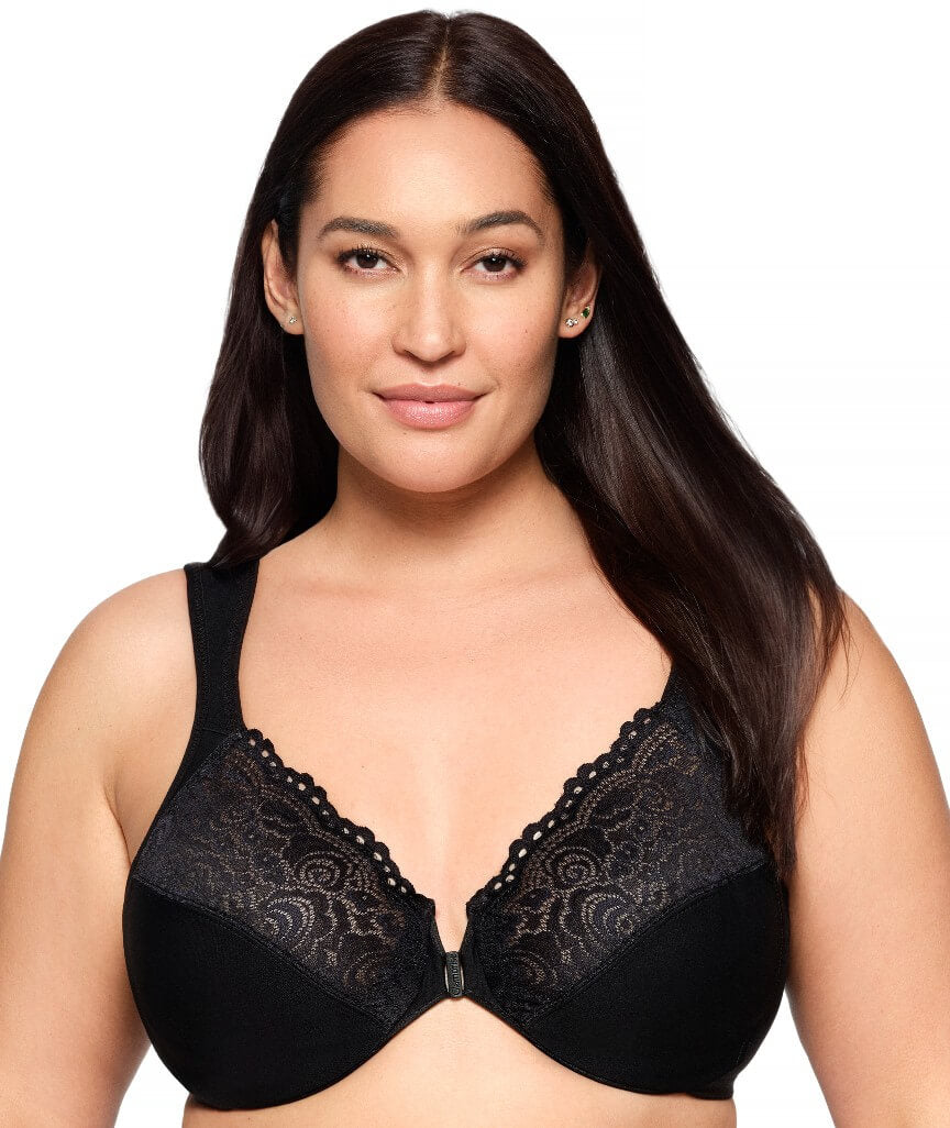 Glamorise WonderWire Front-Closure Posture Back Lace Bra - Black
