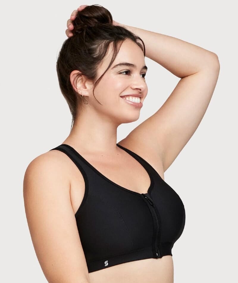Glamorise Zip Up Front-Closure Wire-free Sports Bra - Black Bras