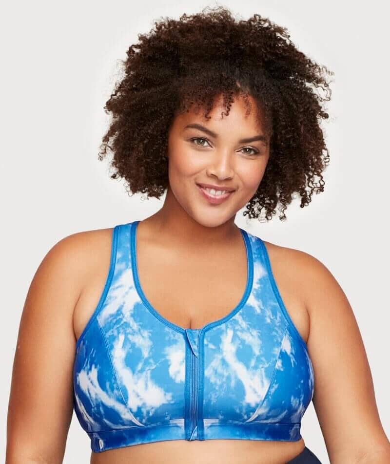 Glamorise Zip Up Front-Closure Wire-free Sports Bra - Blue Tie-Dye Bras 