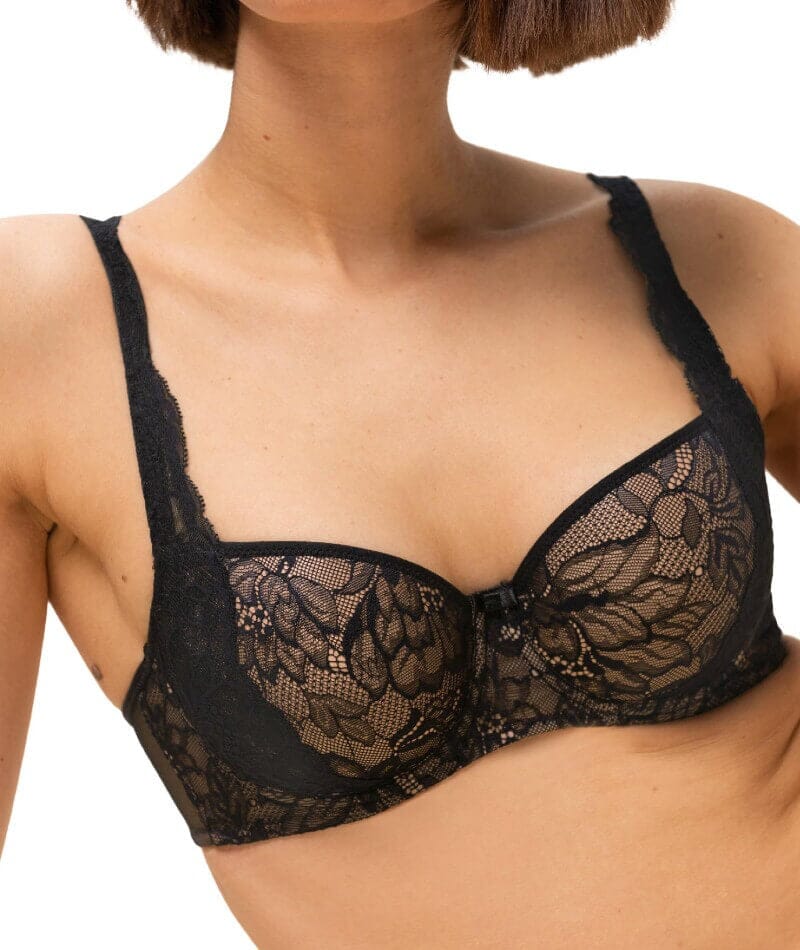 Padded Underwired Demi Cup Bra in Black - Lace