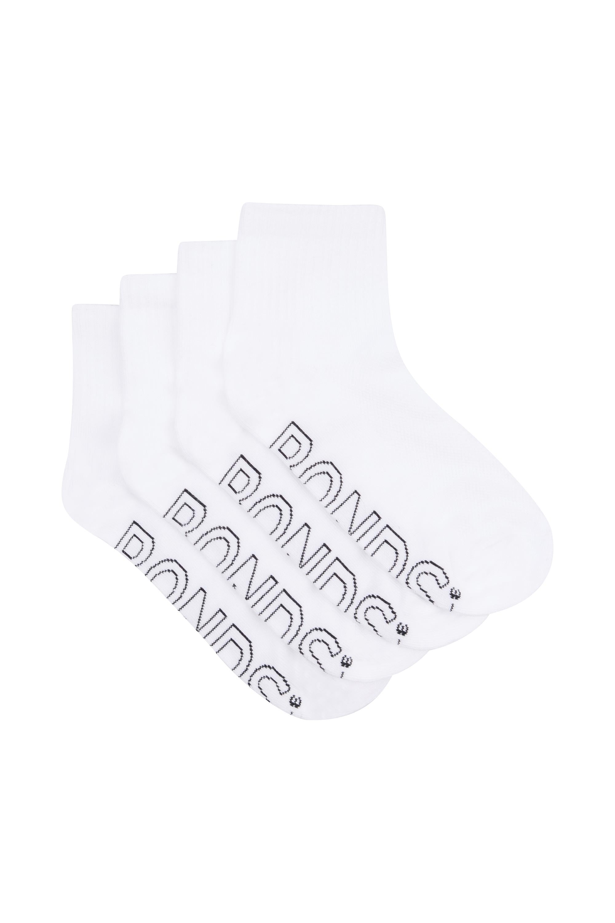 Four white Bonds quarter crew socks fanned out showing logo on the sole