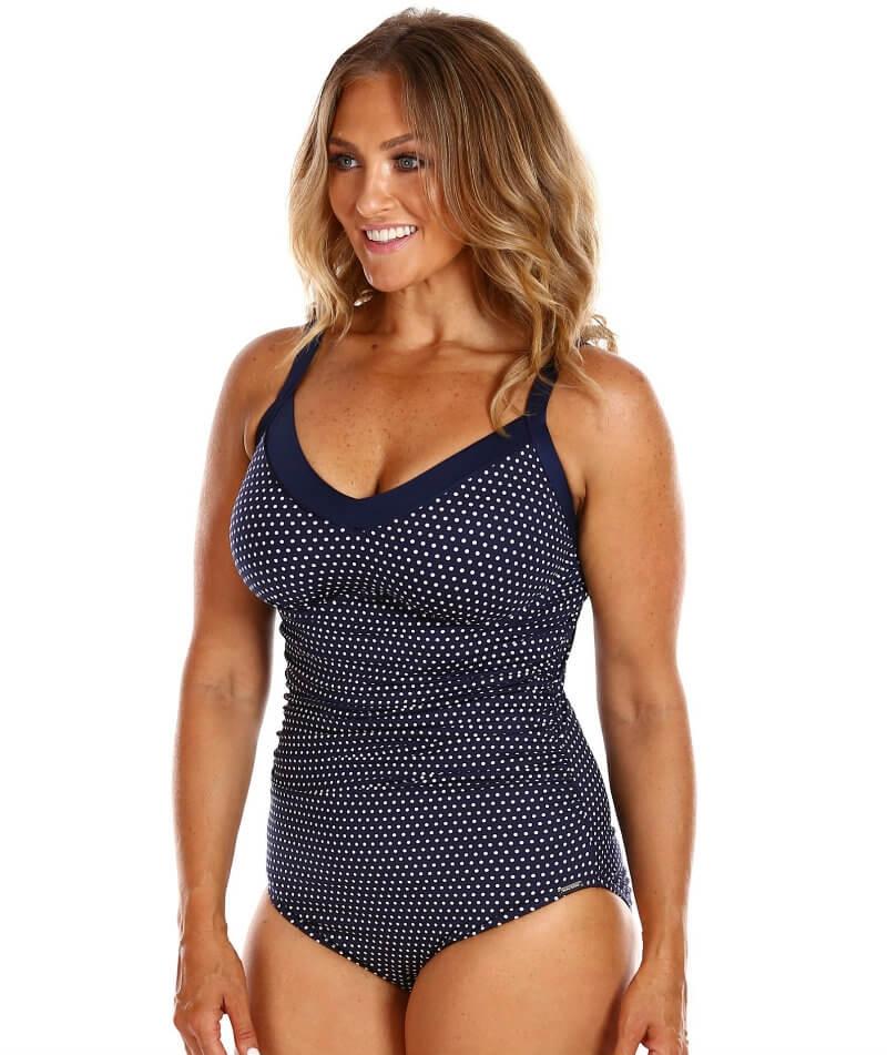 Capriosca Chlorine Resistant Underwire One Piece Swimsuit - Navy & Whi -  Curvy Bras