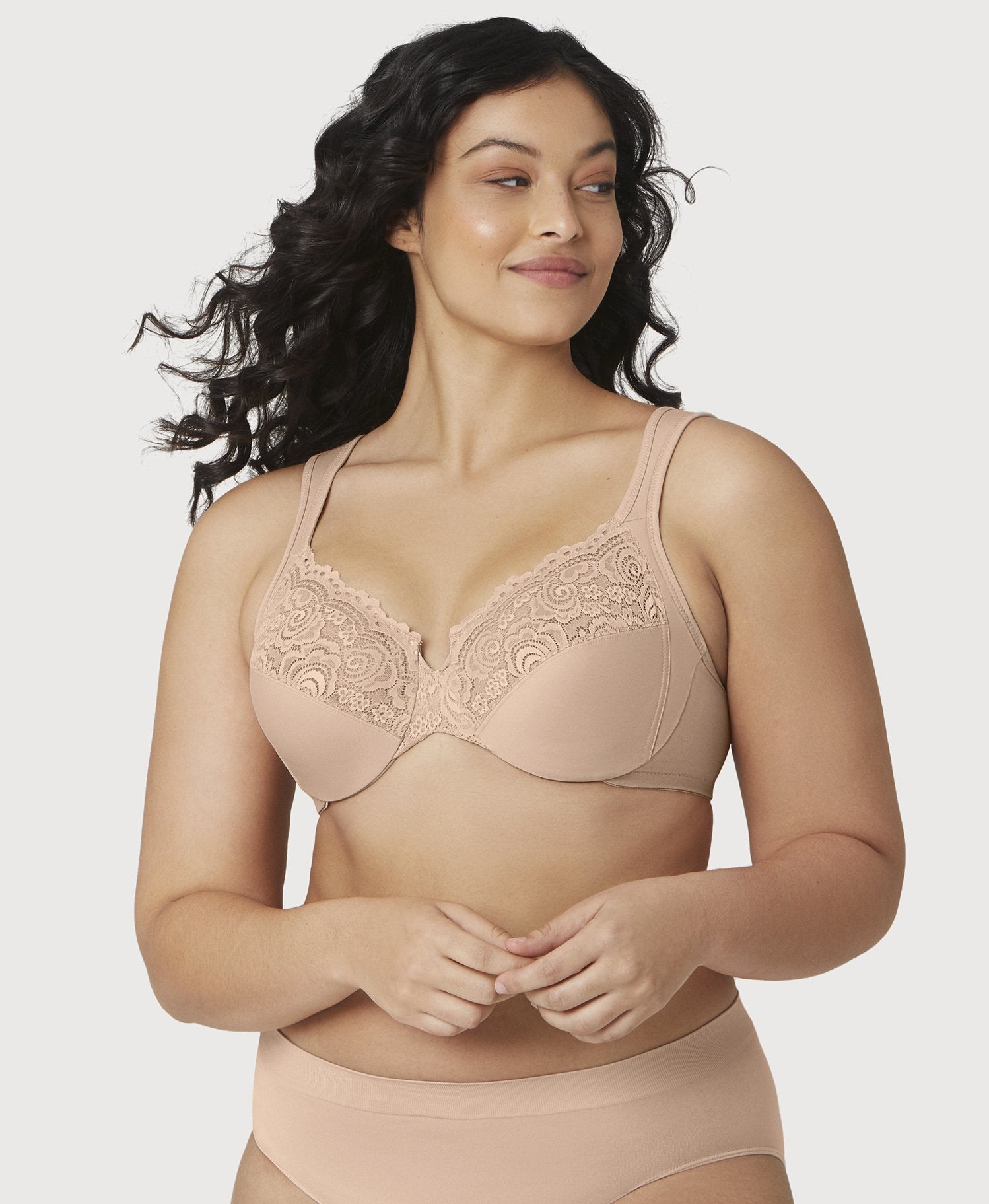 Glamorise Low Cut WonderWire Lace Bra - Cafe - Curvy Bras