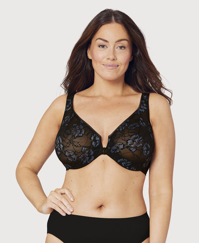 Glamorise Lacey T-Back Front-Closure WonderWire Bra - Black Bras