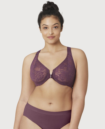 Glamorise Lacey T-Back Front-Closure WonderWire Bra - Plum Bras