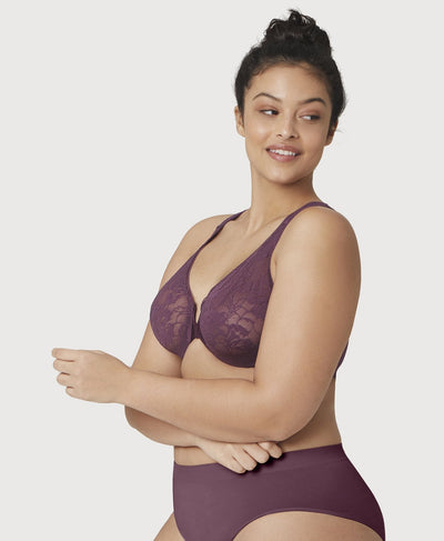 Glamorise Lacey T-Back Front-Closure WonderWire Bra - Plum Bras