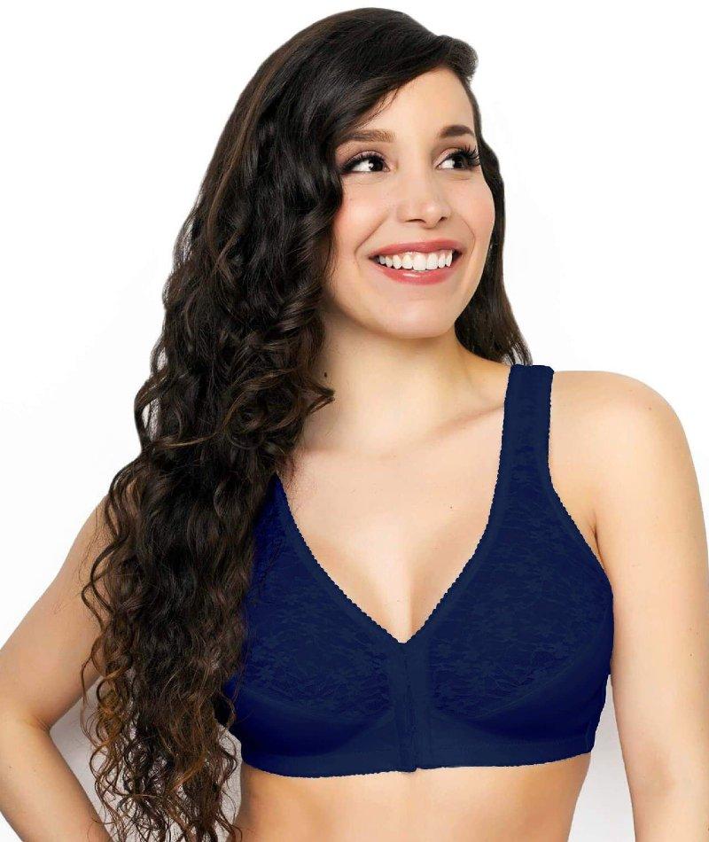 Exquisite Form Fully Front Close Wire-free Posture Bra With Lace - Navy Bras