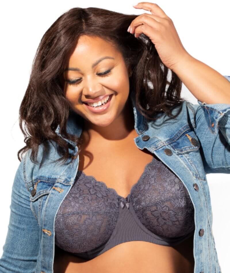 Elila Full Coverage Stretch Lace Underwired Bra - Grey - Curvy Bras