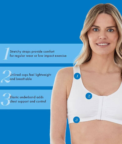 Bestform Unlined Wire-free Cotton Stretch Sports Bra with Front Closure - White Bras