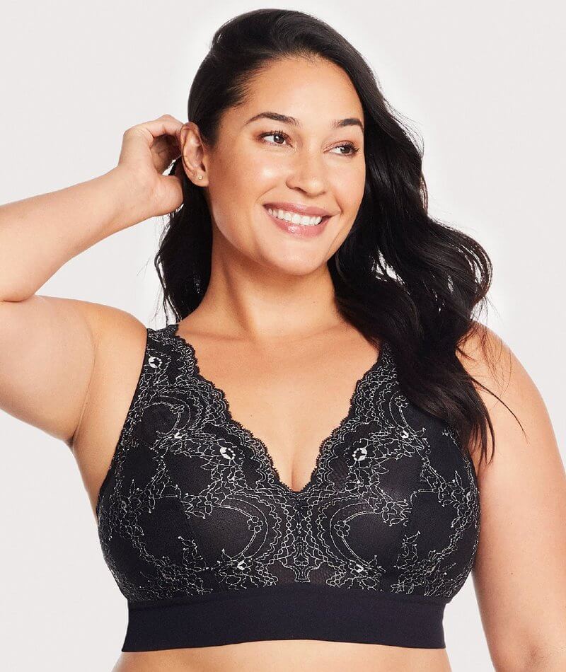 Glamorise Bramour Lexington Lace Plunge Wire-free Bralette - Black - Curvy  Bras