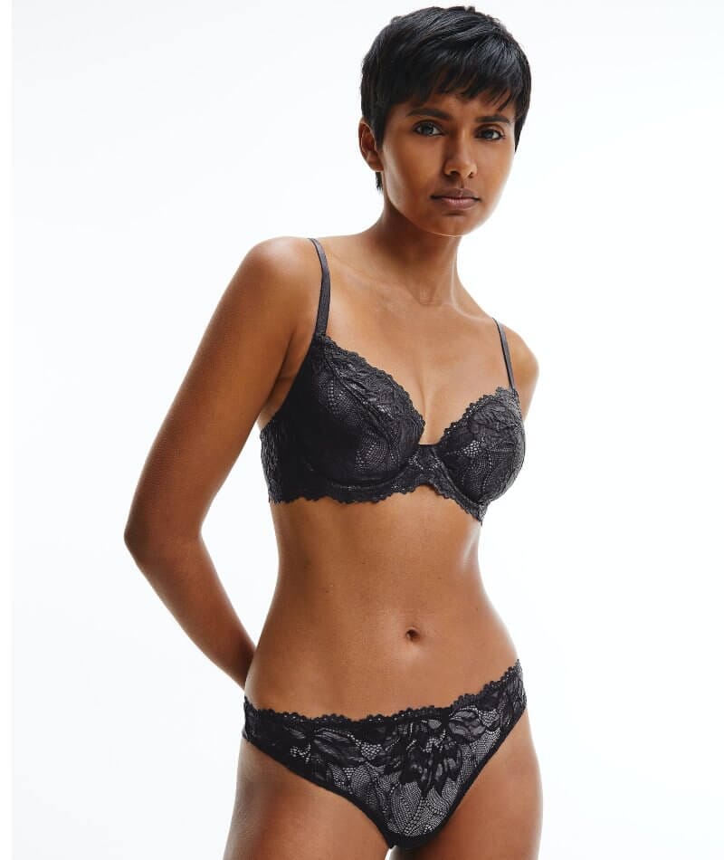 Calvin Klein Seductive Comfort Lotus Floral Thong - Black - Curvy Bras