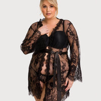 Curvy All Over Lace Long Sleeve Short Robe Sleepwear with Thong - Black