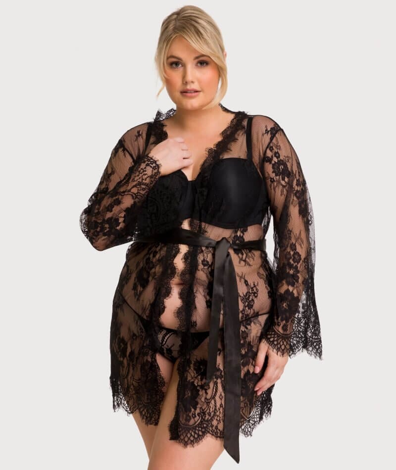 Curvy All Over Lace Long Sleeve Short Robe Sleepwear with Thong - Black Babydoll / Chemise