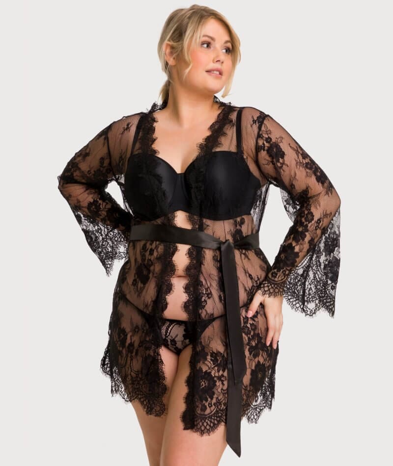 Curvy All Over Lace Long Sleeve Short Robe Sleepwear with Thong
