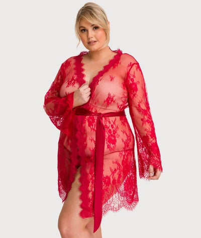 Curvy All Over Lace Long Sleeve Short Robe Sleepwear with Thong - Red Babydoll / Chemise