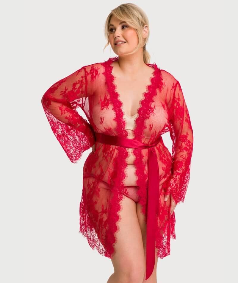 Curvy All Over Lace Long Sleeve Short Robe Sleepwear with Thong - Red Babydoll / Chemise