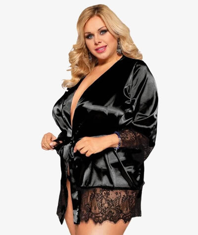 Curvy Elegant Silk Eyelash Lace Long Sleeve Short Robe Sleepwear with Thong - Black Babydoll / Chemise