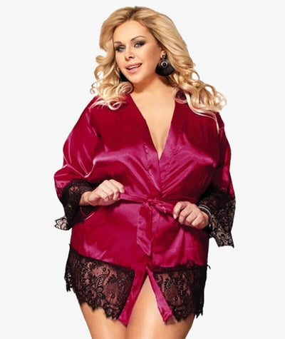 Curvy Elegant Silk Eyelash Lace Long Sleeve Short Robe Sleepwear with Thong - Red Babydoll / Chemise