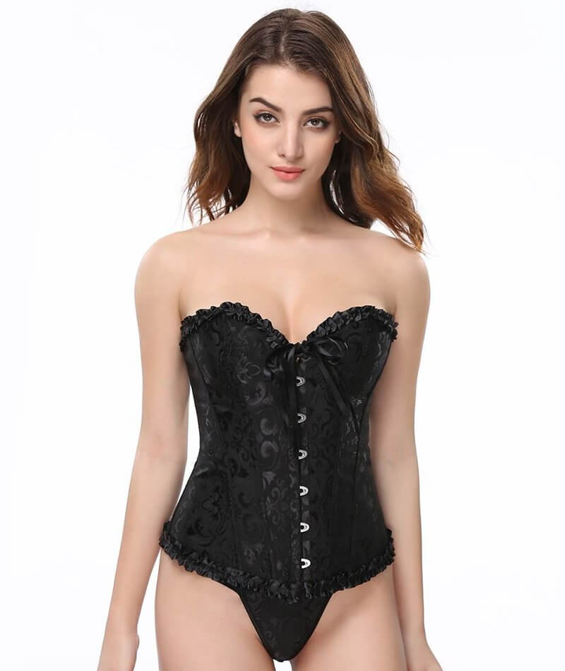 Parisian satin bustier crop top with lace trim in black