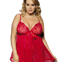 Curvy Mesh & Lace Cup Babydoll Nightdress with G-String - Red